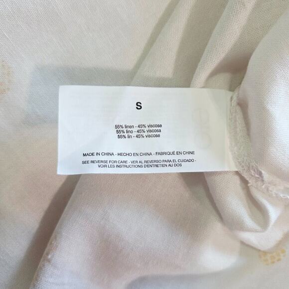 Nine West Linen Viscose White Shirt, Pineapple Print, Collarless V-Neck Roll Tab - Picture 7 of 9